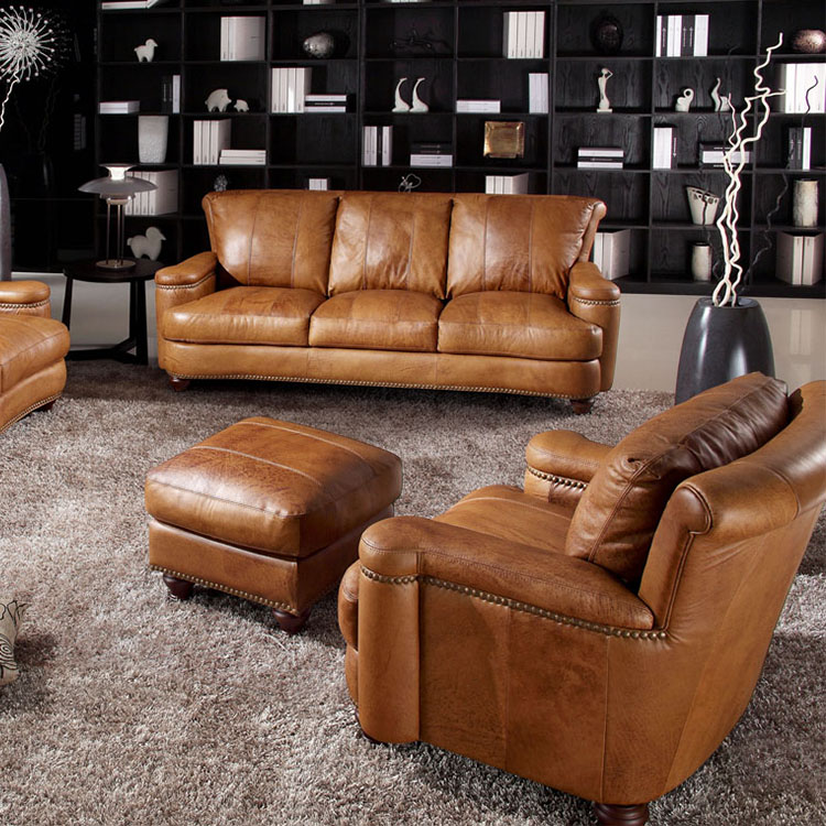 American style office sofa set Italian cattle top grain wax genuine leather sofa antique furniture for villa