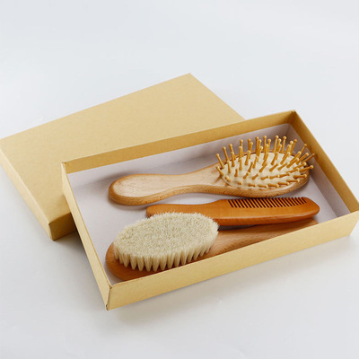 Soft natural wool brush scalp wooden baby scalp hair brush and comb set for baby hair care