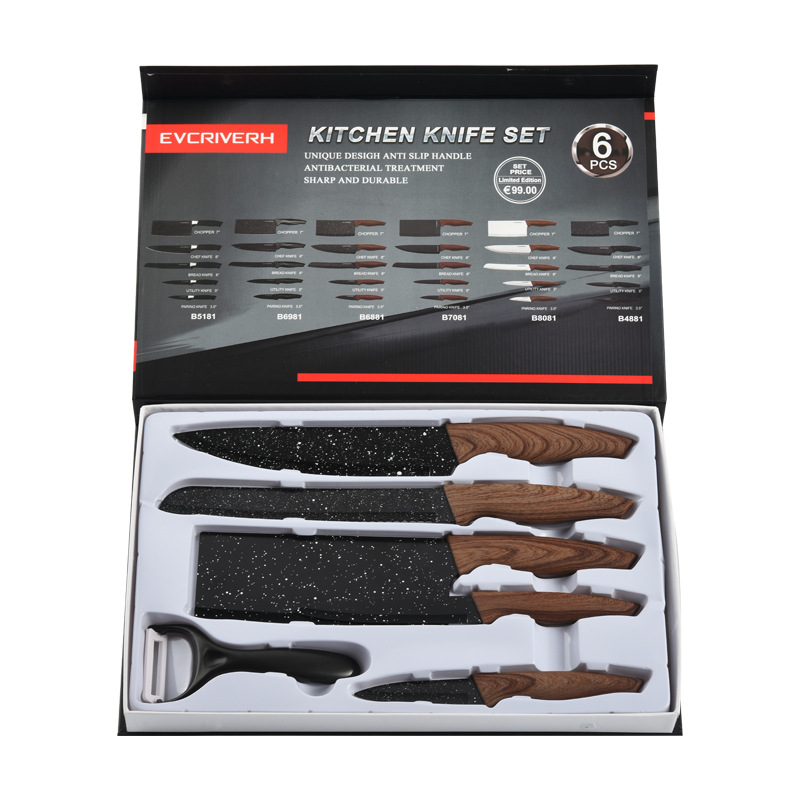 Professional 6 Pcs Non-stick Stainless Steel Black Blade Wave Point Coated Sharp Chef Kitchen Knives Set