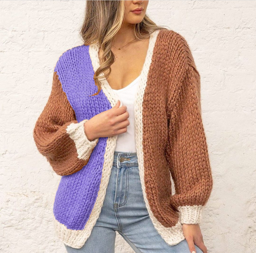 women Casual Knit Cardigan With Color Matching Long Sleeves Cardigan Sweater Coat