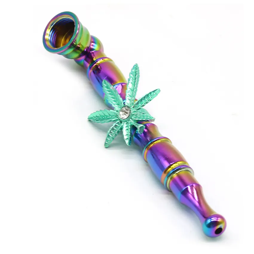 Rainbow Color Metal Diamond Weed Leaf Decorated Tobacco Metal Herb Weed Accessories Smoking Pipes