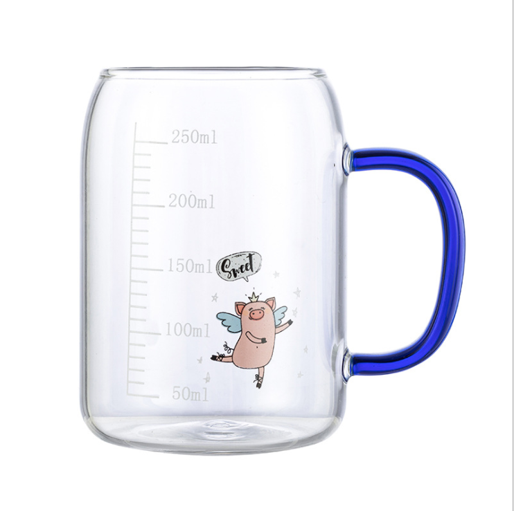 High borosilicate glass heat resistant color kids breakfast cup with handle scale