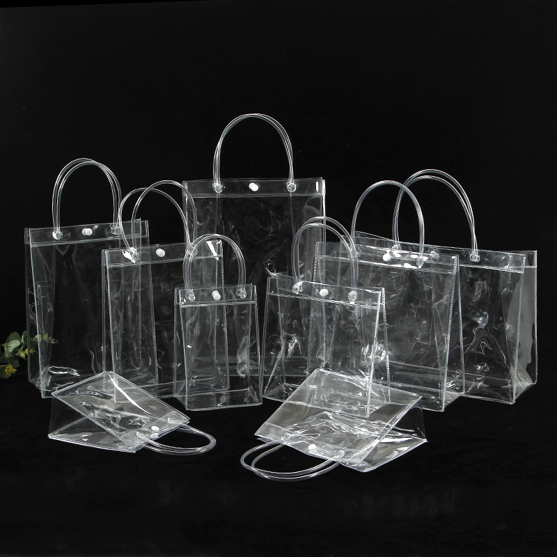 Custom Packaging Plastic Bag Transparent Soft PVC Gift Tote Packaging Bags with Hand Loop Clear Plastic Handbag Cosmetic Bag