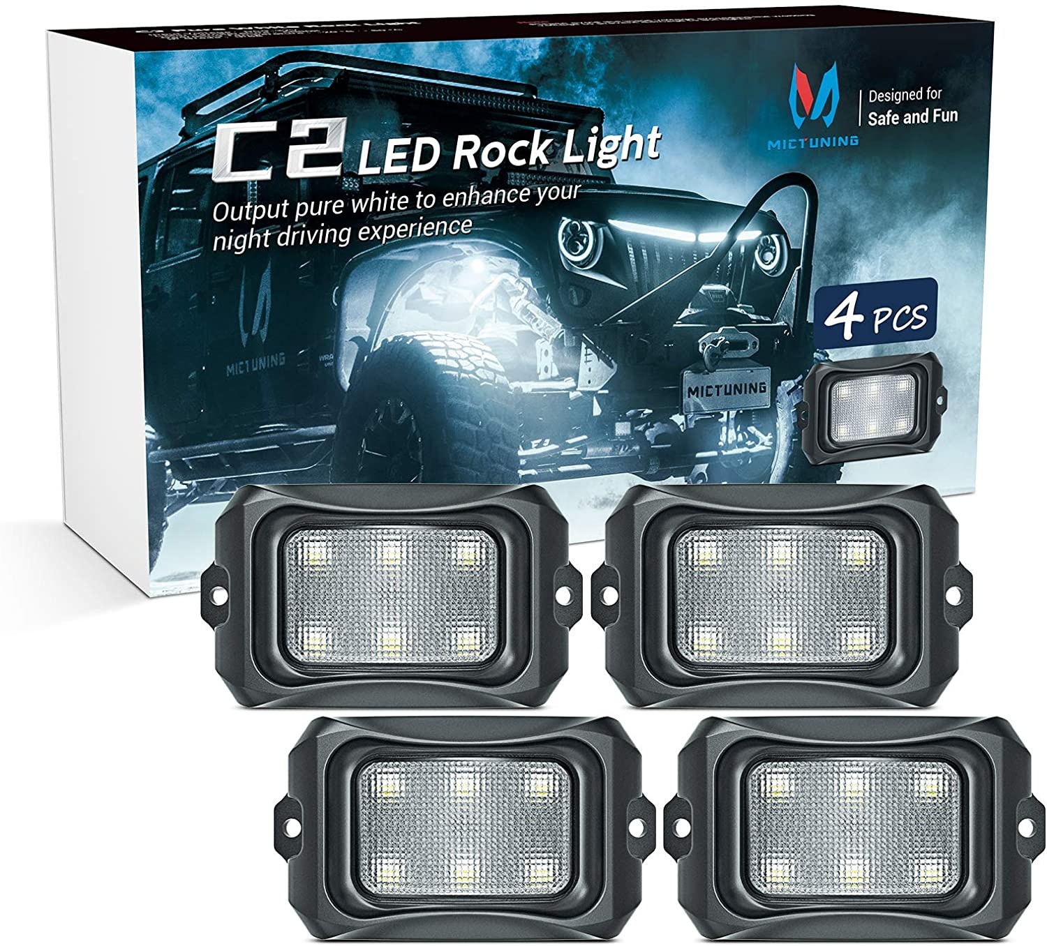 MICTUNING C2 Curved Green LED Rock Lights - 4 Pods Underglow Lights Compatible for Car Truck Offroad ATV UTV Boat