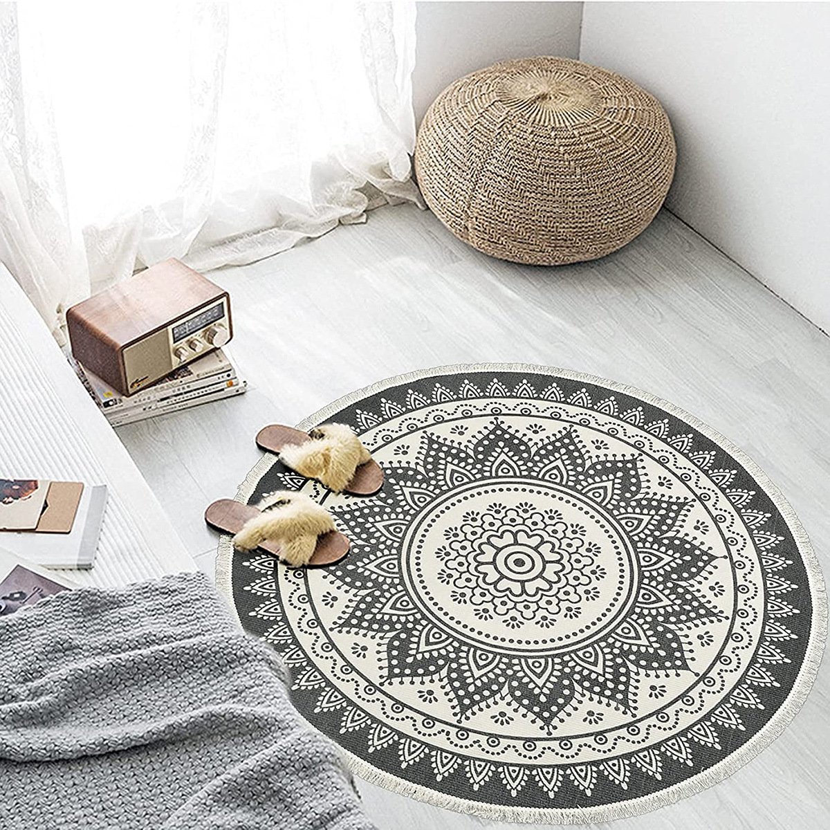 Amazon hot selling Cotton Round Area Rugs Machine Washable Bohemian Mandala Printed Tassel Woven Throw Rug Carpet
