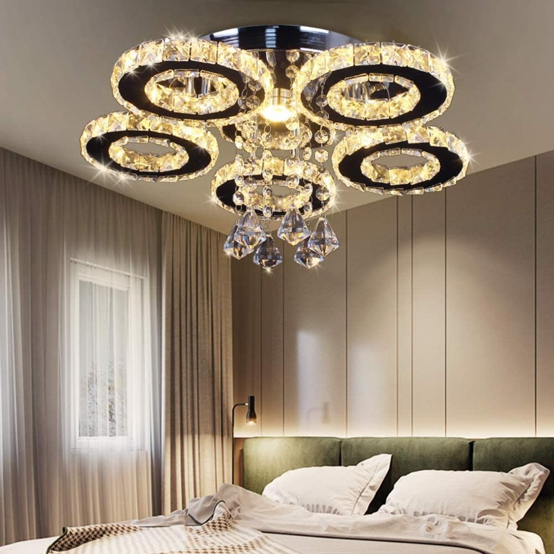 Kitchen Rings K9 Crystal Chandeliers Modern Chrome Plafon Lustre Luminaire Stainless Steel LED Ceiling Lamps