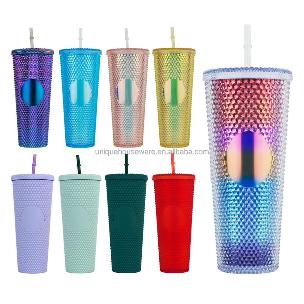 Wholesale Custom 24oz Oil Slick Diamond Durian Grid Cup Pineapple Plastic Matte Black Coffee Cups Studded Tumbler with Lid Straw