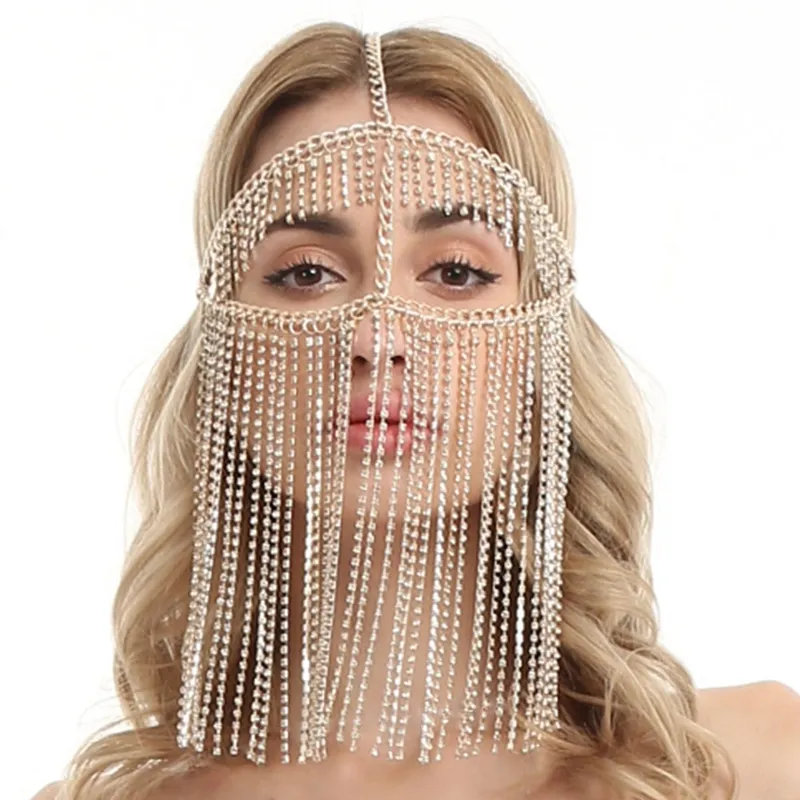 Rhinestone Chain Tassel Facemask Chain Face Jewelry Women Mardi Gras Head Chain Dance Performance Accessories