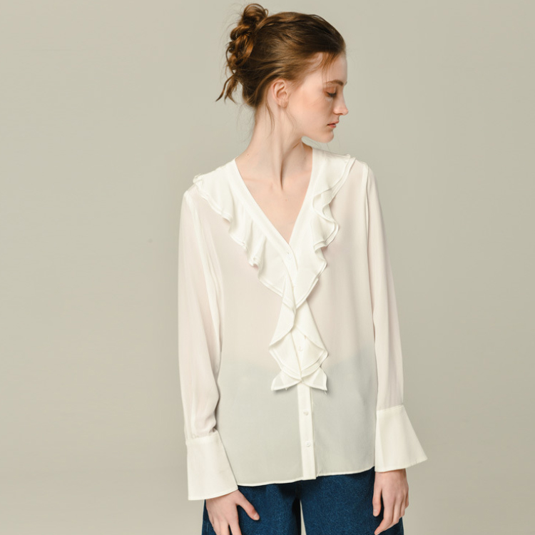 Womens Clothes Women Long-Sleeved Silk Top Blouses Shirt With Ruffled