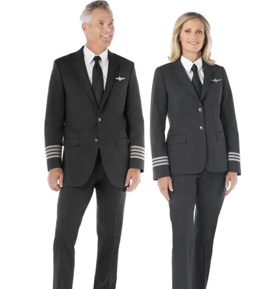 High grade grey color classical design men and women flight suit custom American airline captain pilot uniform
