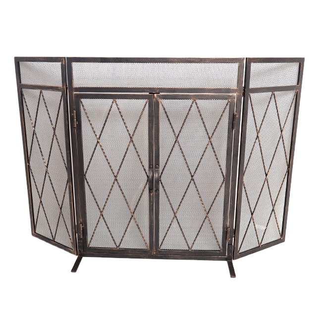 Black Bronze Wrought Iron with Four Panel Fireplace Screen Door