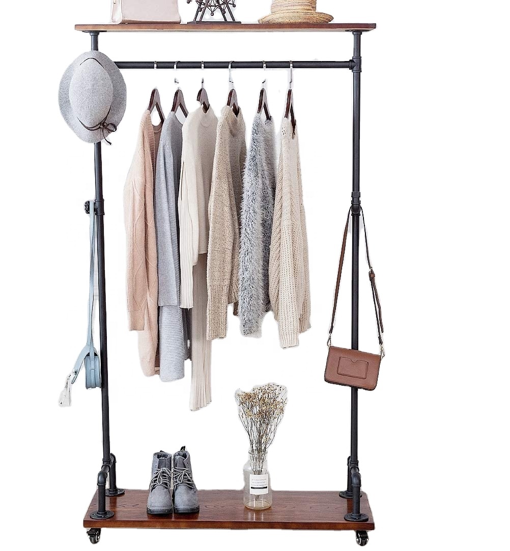 Industrial Pipe Commercial Heavy Duty Clothing Garment Rack on Wheels with Wood Shelves