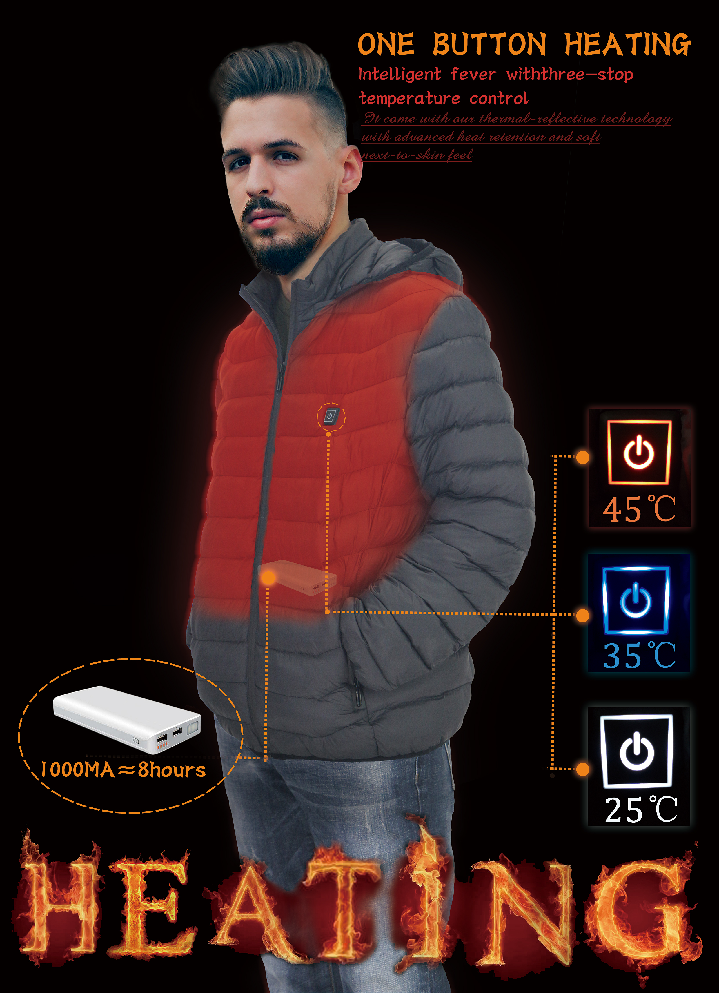 Лучшая цена, высокое качество, зарядка через USB, 3 настройки температурного контроля, Самонагревающиеся мужские куртки больших размеров