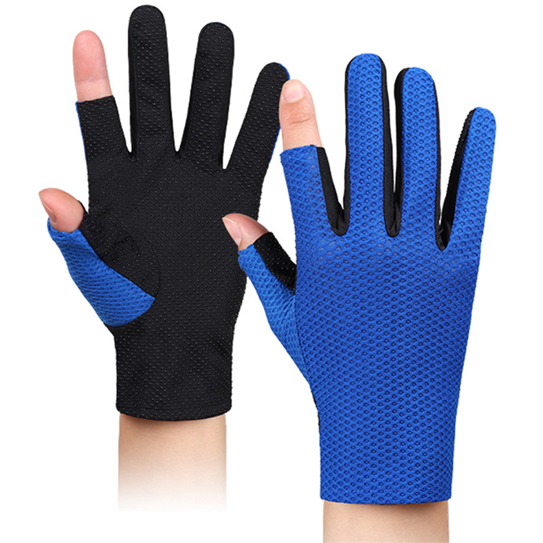 Two finger ice silk fishing sunscreen gloves Summer men women riding gloves cold sense high elastic breathable Fishing Gloves