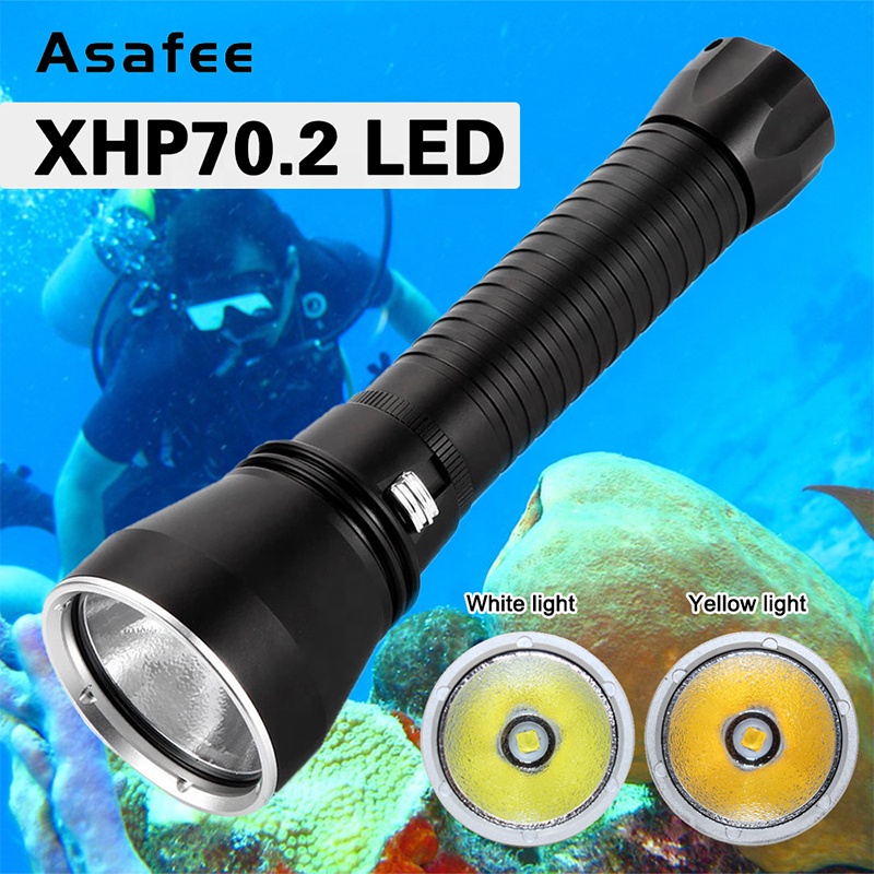 Мощный светодиодный фонарик Asafee XHP70, желтый/белый свет, 4000 люмен, перезаряжаемый, плавное затемнение, фонарик для дайвинга