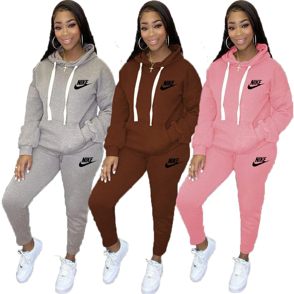 New Upgrade Nike High Quality Fall Pullover Solid Color Sweatsuit Women Joggers Sport Long Sleeve 2 Piece Hooded Tracksuit