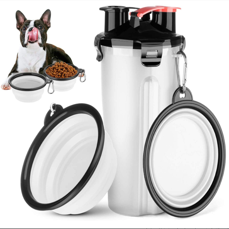 2 in 1 Pet Feeder Portable Dog Cat Drink Food Water Bottle with Two Collapsible Bowls