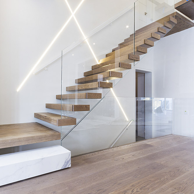 Apartment Wooden Stair Floating Straight Staircase with Glass Railing