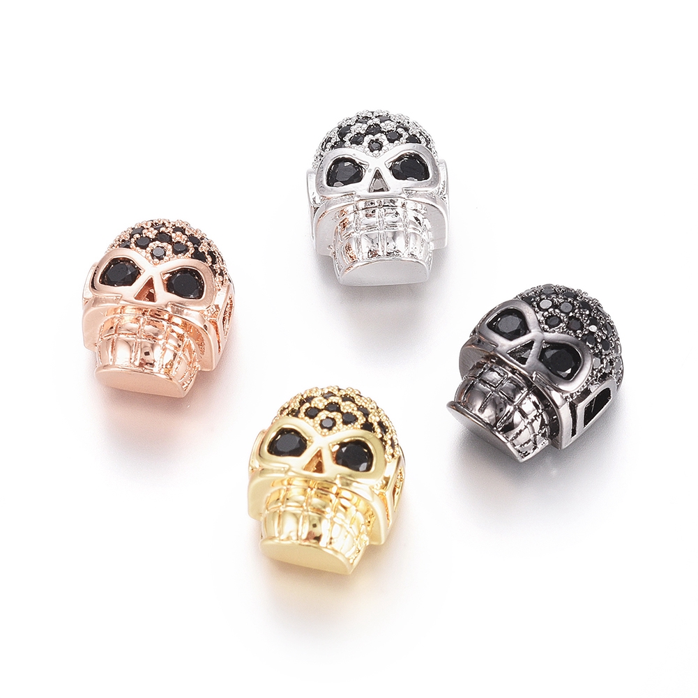 Pandahall Long-Lasting Plated Halloween Skull Head Brass Black Cubic Zirconia Beads