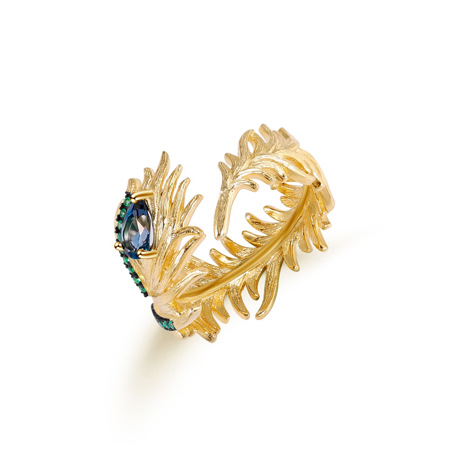 Abiding High Grade Natural Blue Topaz Lady Feather Ring Jewelry Gold Plated Fashion Custom 925 Sterling Silver Rings