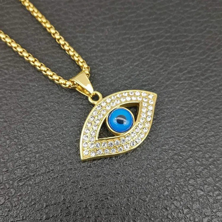 European Hot Selling Hips Hops Jewelry Turkish Gold Color Stainless Steel Evils Eyes Necklace Iced Out Blue Evils Eyes Necklace