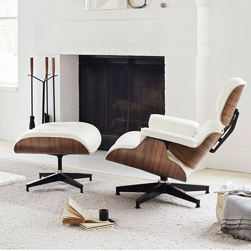 modern luxury comfortable mid century swivel leather plywood chaise lounge chair and ottoman
