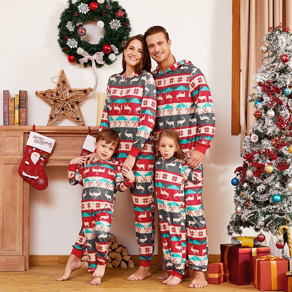 2021 New Christmas Long Sleeve cotton Hooded Mommy And Me Clothes Jumpsuit Family Matching Pajamas Outfits Christmas Pyjamas Set