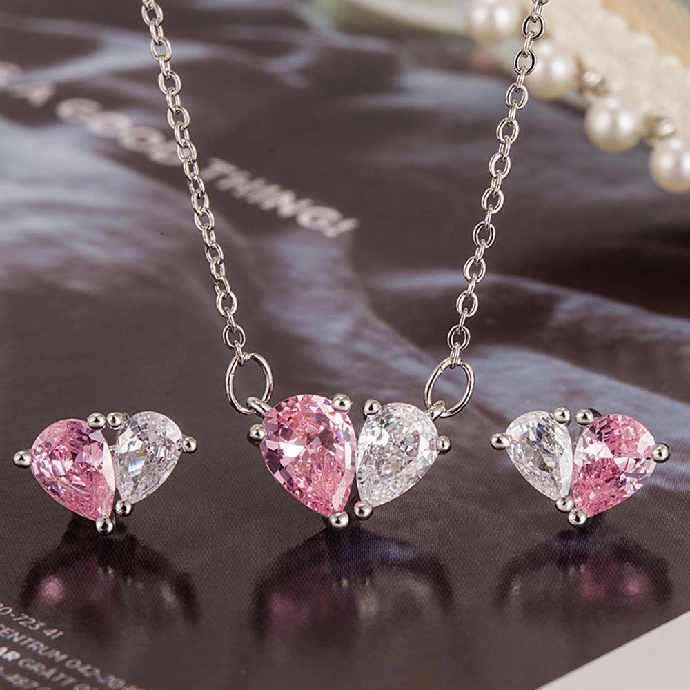 Women's Vintage Elegant Fine Jewelry Set Pink/White Water Drop Zircon Romantic Heart Necklace+Earring For Women Girl