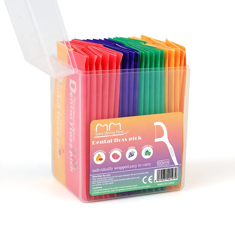 50 Picks Individually Wrapped Box Mint Fruit Flavor Flosser Dentaire Plastic Toothpick Dental Floss Pick