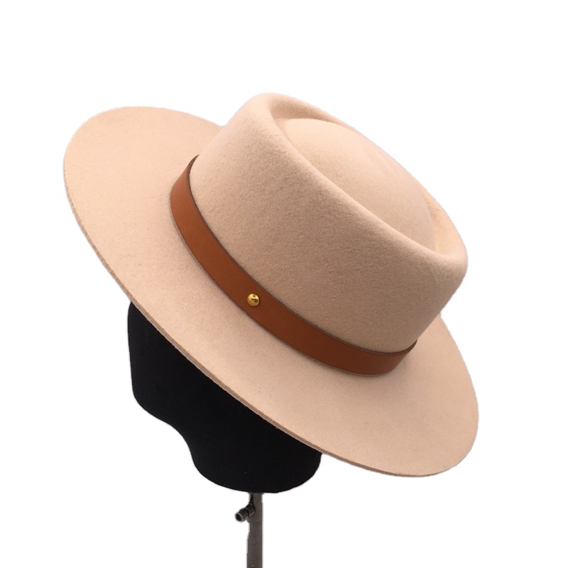 Winter Flat Top Boater Hats For Girls Men Women Wide Brim Wool Felt Fedora Hat With Leather Band