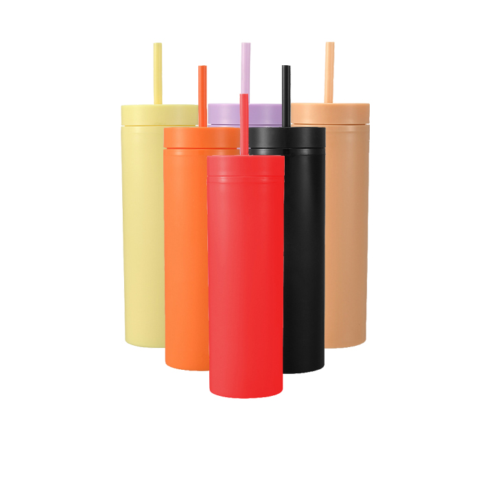 Wholesale OEM 16oz Eco-friendly Color Acrylic Tumbler With Lid And Straws Reusable Cup Double Wall Skinny Matte Plastic for Gift