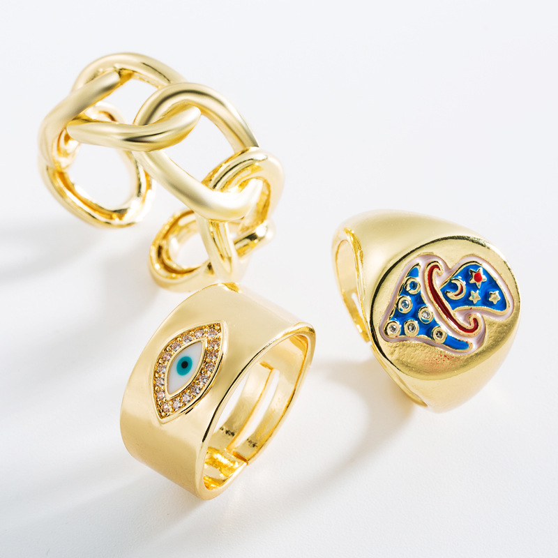 Evil eye mushroom ring jewelry women 18 k 18k gold plated cz ring enamel adjustable male dimond chain link ring for women men