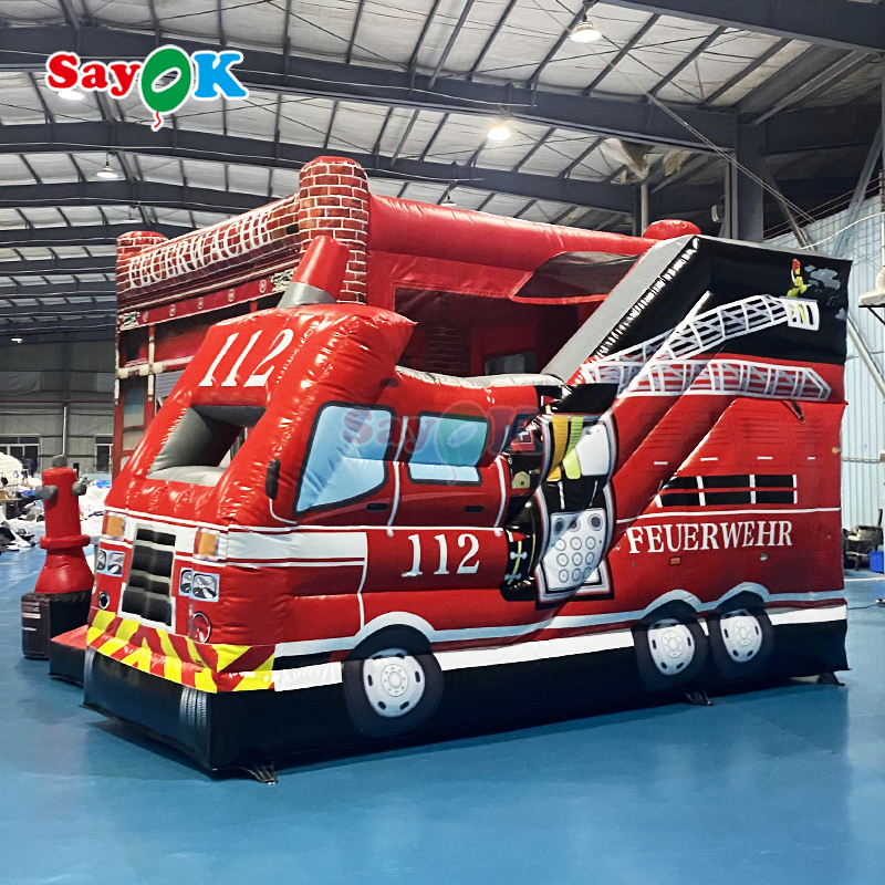 Sayok Feuerwehr Themed Inflatable Bouncing Combo Slide Bounce Fire Station Fireman Bouncy Inflatable Fire Truck Castle Bouncer