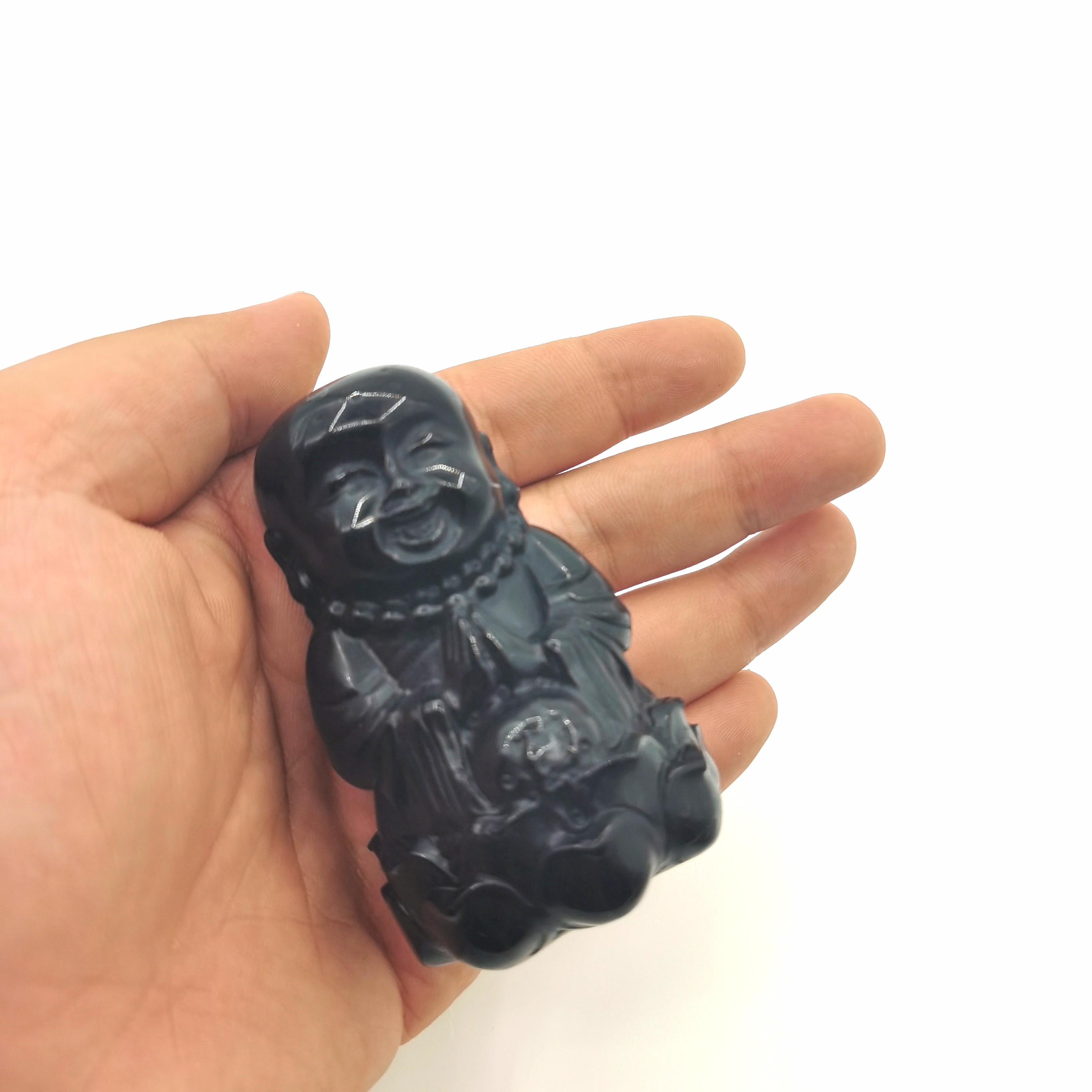 Natural Crystal Hand Carved Healing Stone Black Obsidian Buddhas Statue Maitreya Buddha For Wealth Wicca Feng Shui