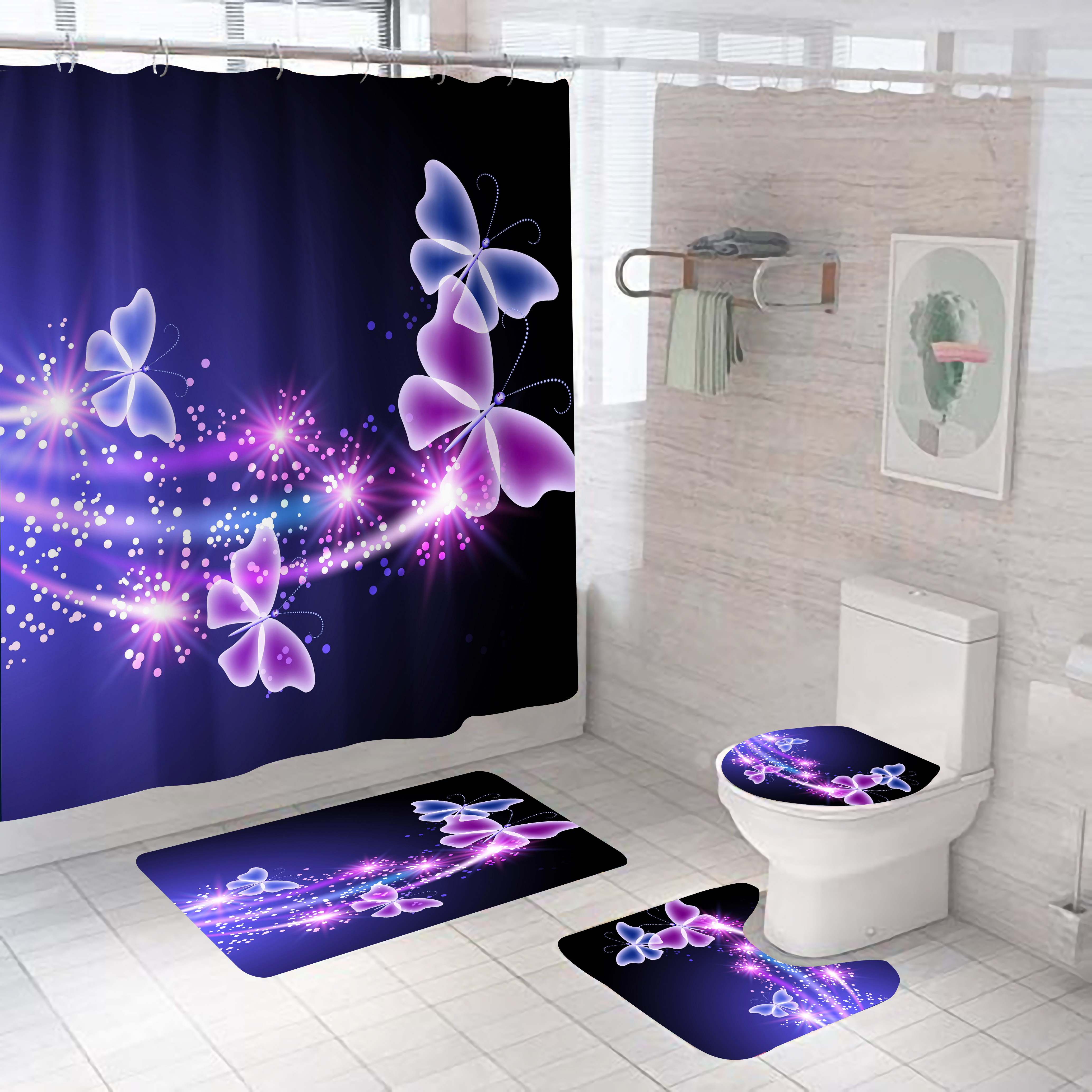 Butterfly series Mat Shower 4 Pieces Set Mildew Resistant Shower Curtain 3 Pieces Set Bathroom Mat