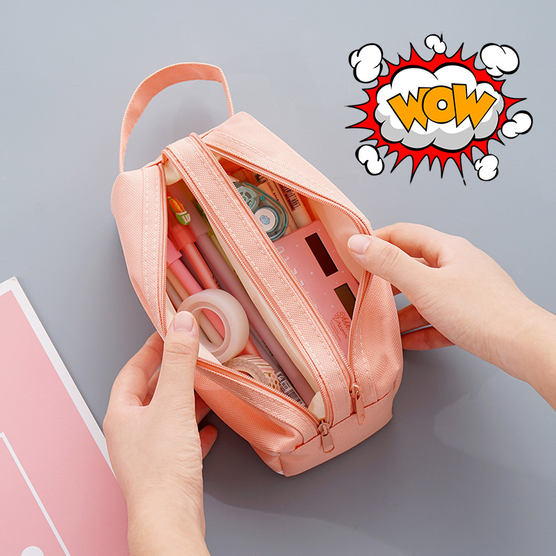 large capacity handle pencil case canvas student pencil case creative multi-functional double layer stationery pencil case