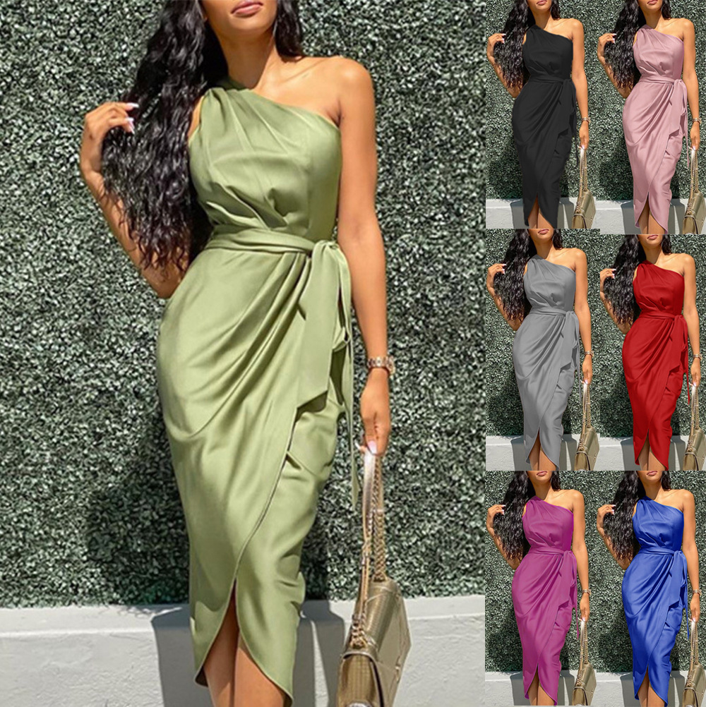 Europe America Women Clothes Skinny Long Irregular Satin Prom Evening Dresses With Belt