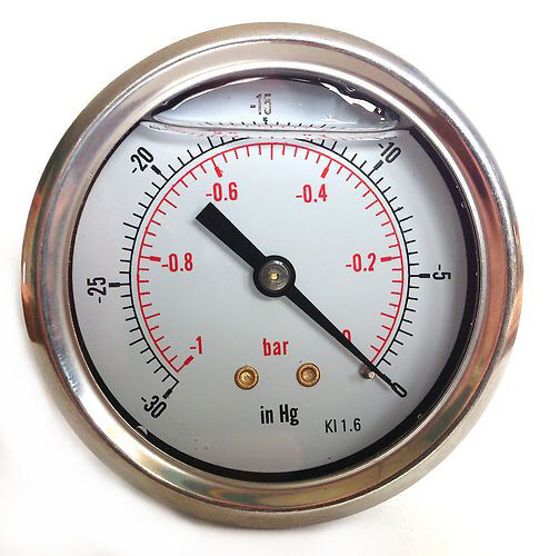 Vacuum Gauge S/Steel case Glycerine filled 63mm -1/0 Bar &-30*Hg 1/4 BSP Back