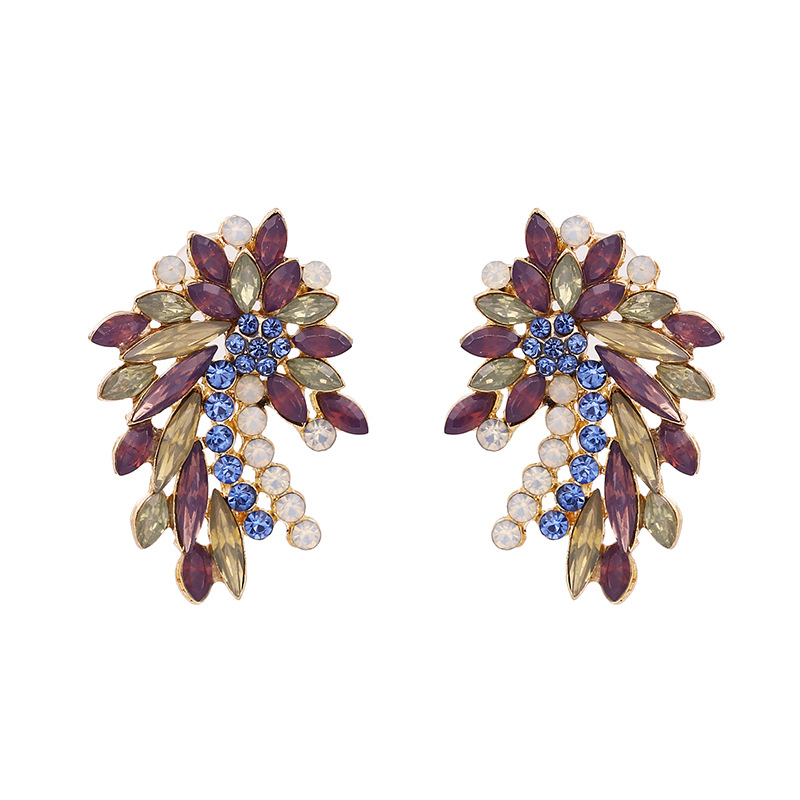 JJ53161 Korean Style Delicate Colorful Diamond Leaves Flower Earring