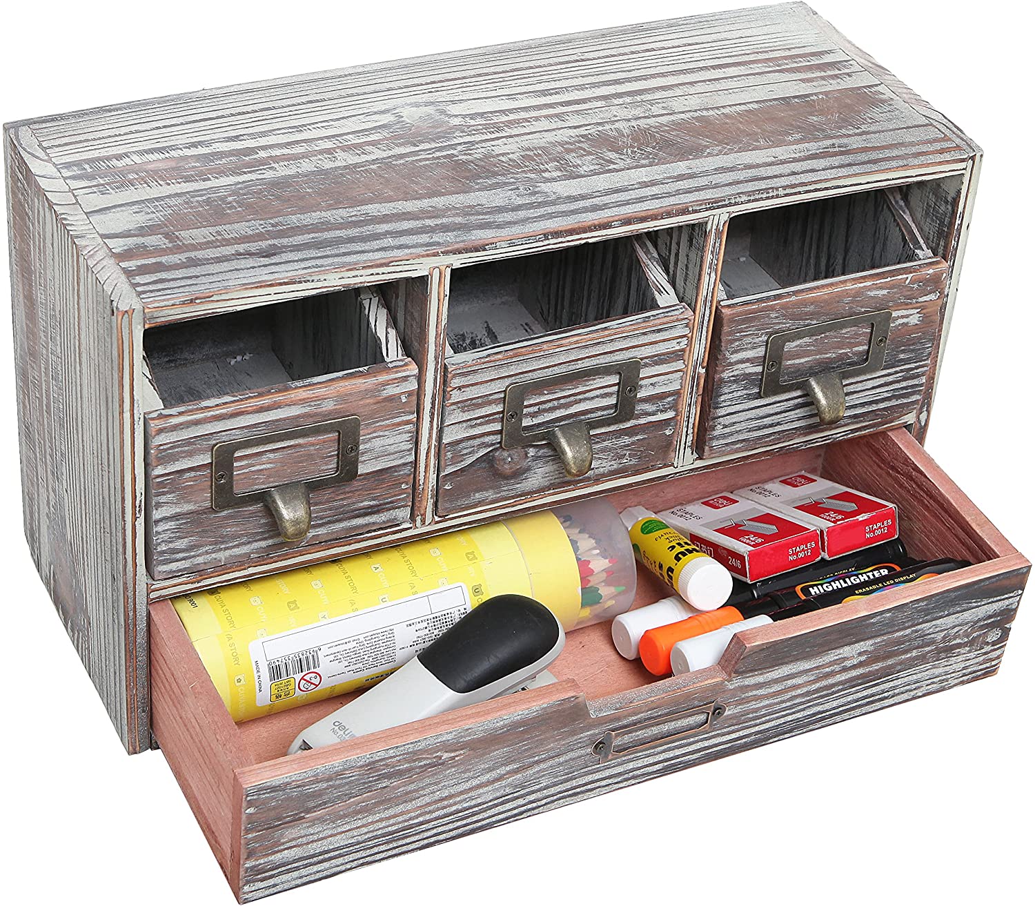 Rustic Brown Torched Wood Finish Desktop Office Organizer Drawers/Craft Supplies Storage Cabinet