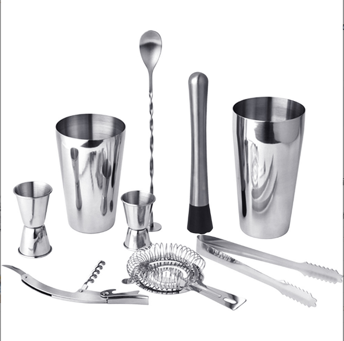 High Quality 9pcs Stainless Steel Barware Set Custom Price for Bartenders-Includes Shaker Set and Other Bar Accessories