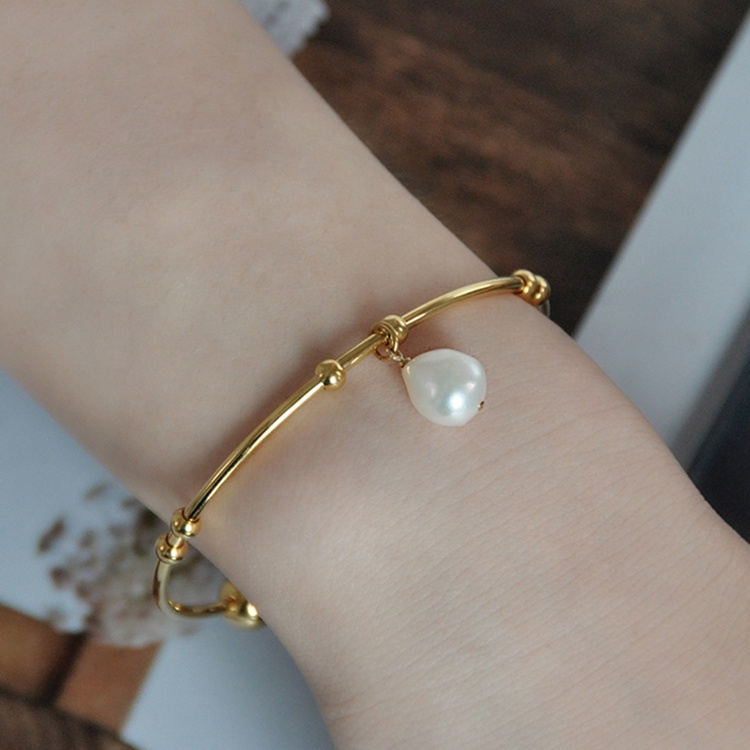 Wholesale Non Tarnish Gold Plated Stainless Steel Jewelry Beads Bangle Bracelet Open Cuff Bangle Freshwater Pearl Bangle