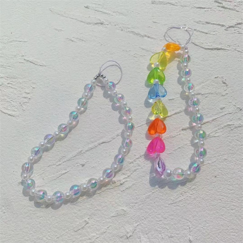 New White Transparent Acrylic Beads Mobile Phone Lanyard Strap Cute Colorful Heart Beaded Phone Chain for Women Jewelry