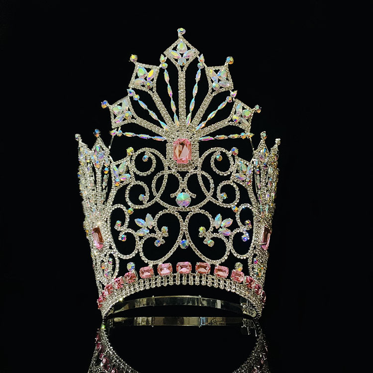 Регулируемая тиара Miss Tiara с розовыми стразами и камнями AB, большая корона со стразами, высокая Тиара для конкурса, 2021
