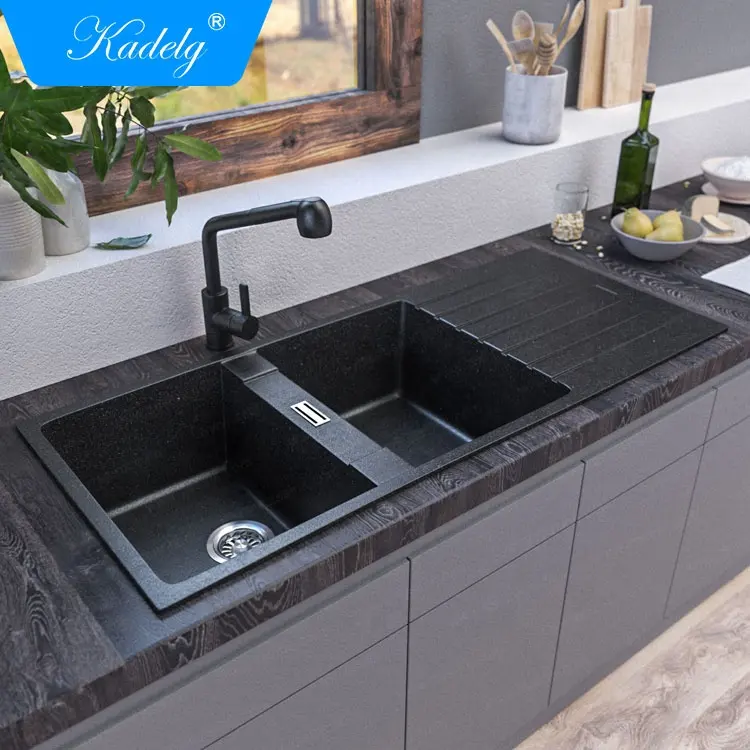 CUPC Certificated Double Bowl Black Quartz Stone Sink Composite Granite Kitchen Sink with Drainboard