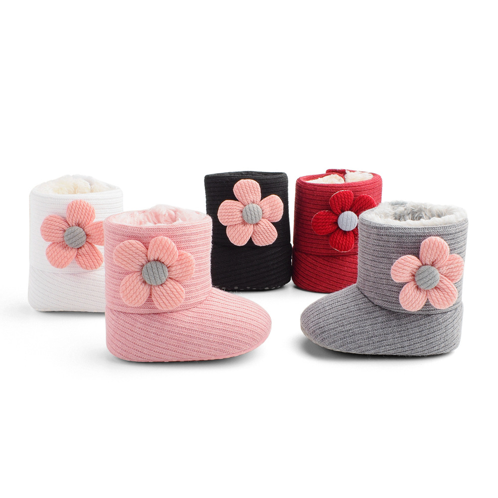 Wholesale Newborn Infant Winter Snow Boots Cotton Fabric Velvet Lined Furry Warm Flower Decorative Boots