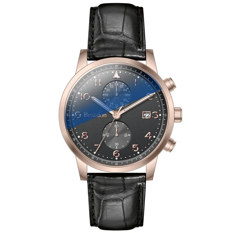 Bestdon BD5550G элегантные синие стеклянные часы с двумя часовыми поясами стильные часы из натуральной кожи с арабским номером мужские часы эксклюзивные