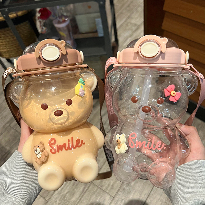 Cute Bear Children Leakproof Clear Bpa Free Juice Drinking Cup Sport Reusable School Kids Plastic Water Bottle With Straw