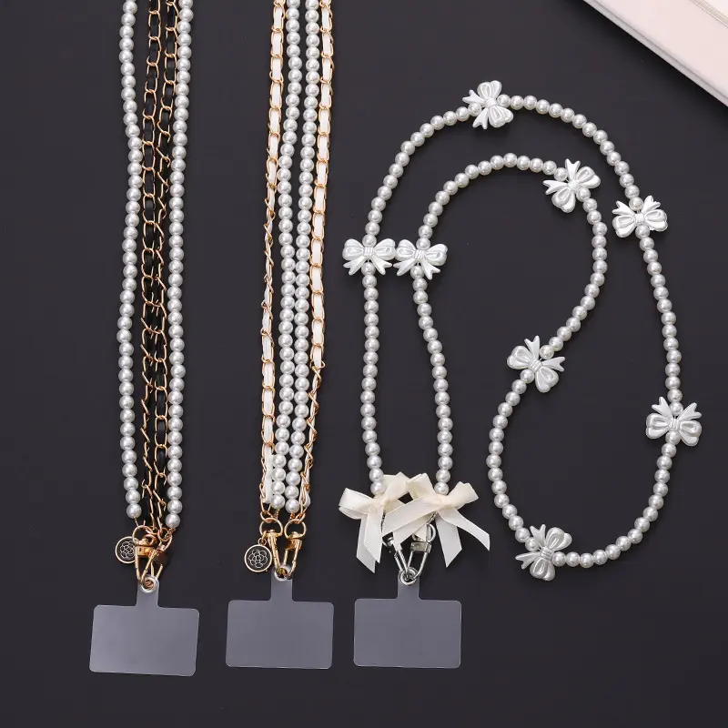 Universal Long Gold Metal Chain Pearl Beaded Mobile Phone Strap Lanyard Holder With Patch Custom Logo Crossbody Phone Necklace