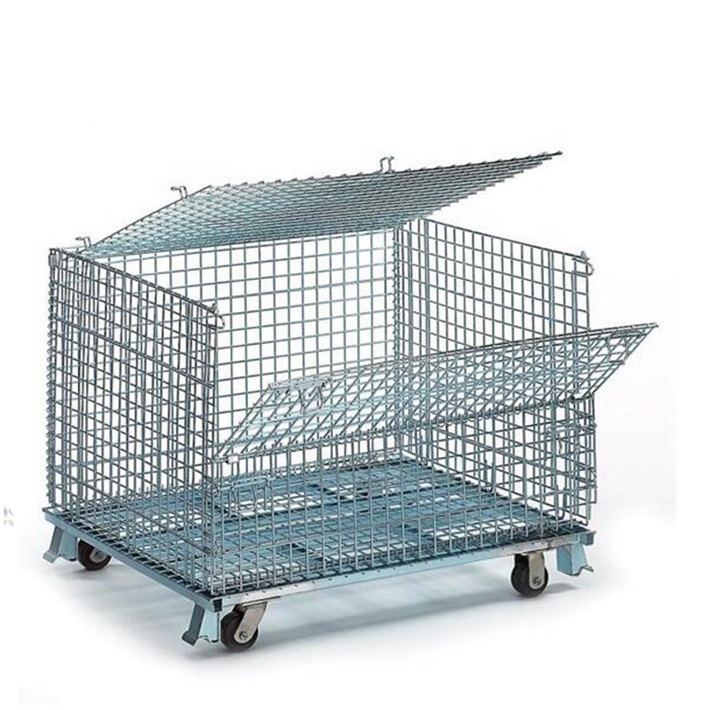 Industrial folding steel material handling logistic stacking galvanzized metal wire mesh storage cage with 4 wheels